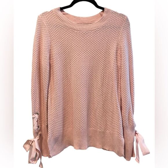 Kaari Blue Cable Knit Sweater Ribbon Tie Ling Sleeves Pink Size Small‎ - Picture 1 of 6